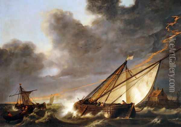 Ships Tossed in a Gale Oil Painting - Aelbert Cuyp