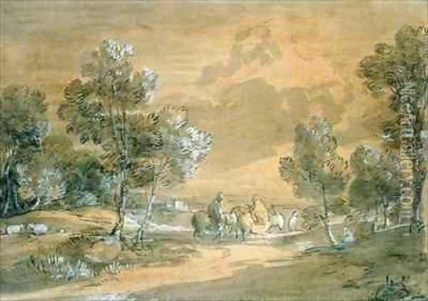 An Open Landscape with Travellers on a Road Oil Painting - Thomas Gainsborough