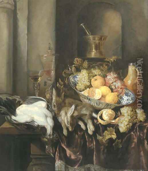 Grapes, lemons, and oranges in a Wan-li 'kraak' porselein bowl, with a plucked chicken and two hares, and two facon-de-Venise glasses Oil Painting - Abraham Hendrickz Van Beyeren