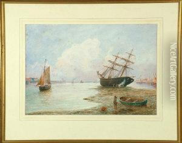 A Merchant Brig Undergoing Repairs At A Harbour Mouth Oil Painting - Bernard Benedict Hemy
