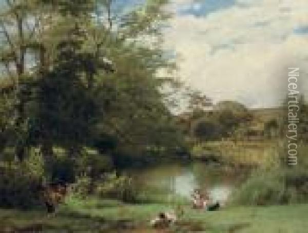 Gathering Watercress On The Banks Of The Mole, Surrey Oil Painting - William Frederick Witherington