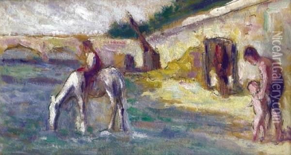 Baignade Sur Les Berges , Circa 1925 Oil Painting - Maximilien Luce