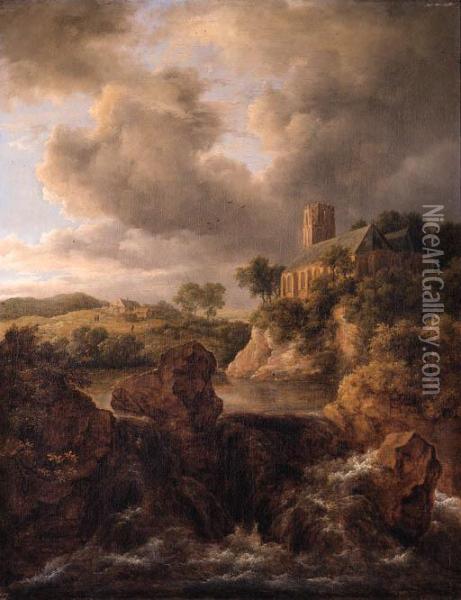 A Waterfall In A Mountainous Landscape, A Church On A Cliffbeyond Oil Painting - Jacob Van Ruisdael