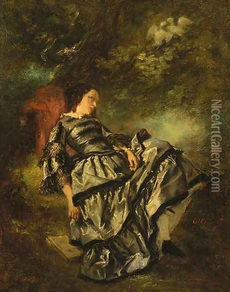 A lady reclining beneath a tree Oil Painting - Octave Tassaert