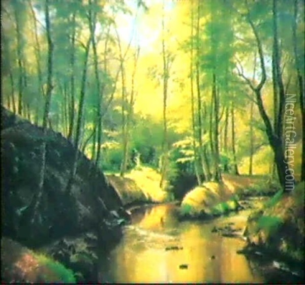 Skogsparti Med Vattendrag, Tidig Sommar Oil Painting - Janus la Cour