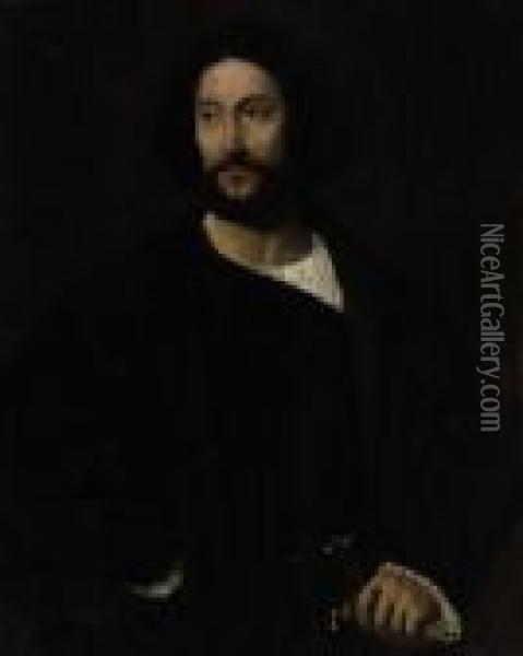 Portrait Of A Gentleman, 
Half-length, In Black, His Left Handresting On The Hilt Of A Sword Oil Painting - Tiziano Vecellio (Titian)