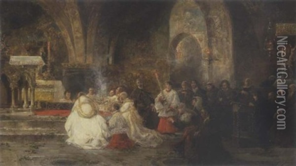 Heilige Messe In Der Unterkirche Von S. Francesco In Assisi Oil Painting - Juan Pablo Salinas