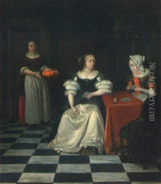 A Lady And Her Chaperone Playing Cards In An Interior Oil Painting - Gerard ter Borch the Younger