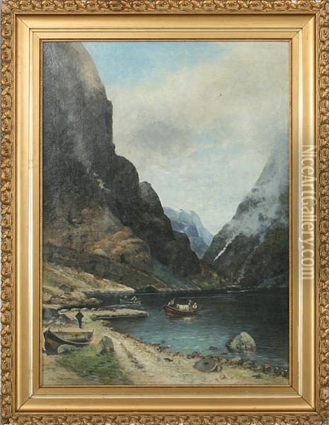 A Norwegian Fiord With Passenger Ship And Dinghys. Signed Sigv. Simensen Oil Painting - Sigvard Simensen