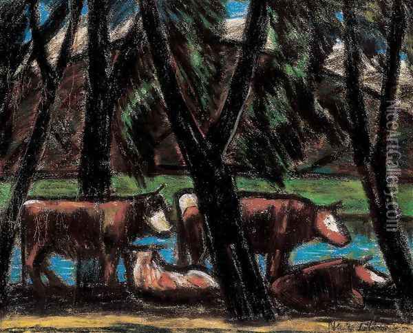 Cows amidst Trees Oil Painting - Istvan Nagy