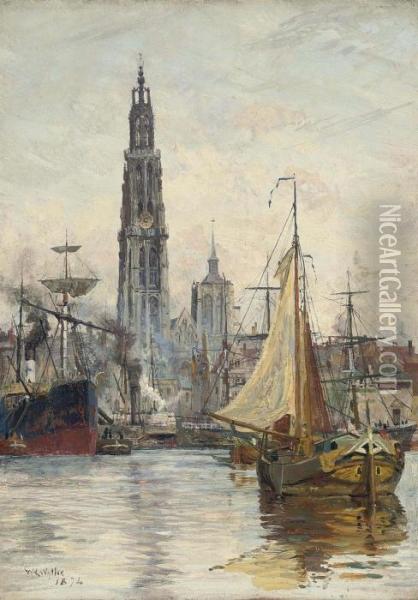 Shipping On The Scheldt Before Antwerp, The Cathedral Beyond Oil Painting - William Lionel Wyllie