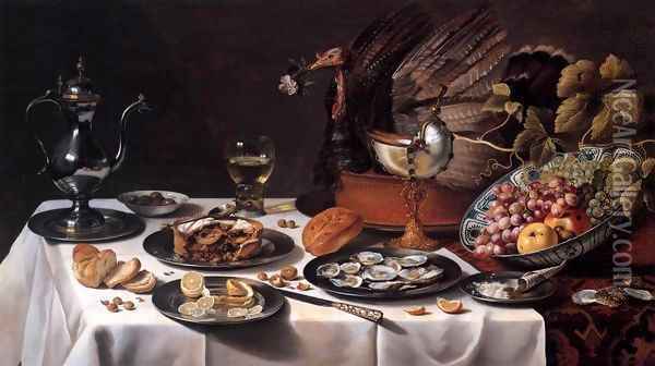 Still life with Turkey Pie 1627 Oil Painting - Pieter Claesz.