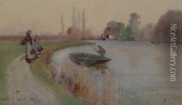 A Young Girl And Her Mother By The Thames Oil Painting - Carleton Grant