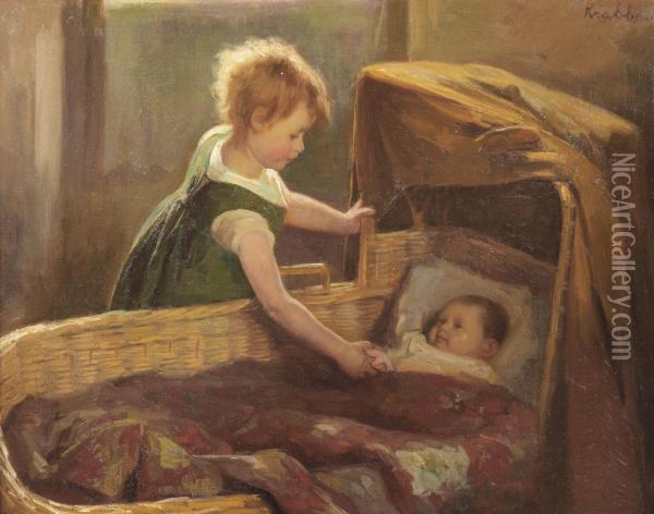 At The Cradle Oil Painting - Heinrich Martin Krabb