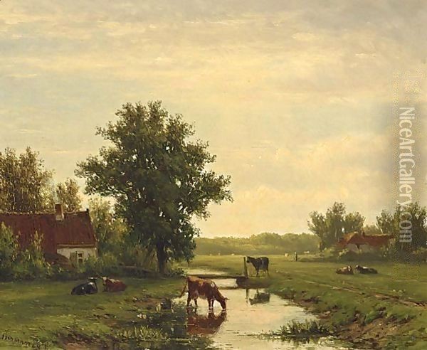 Cows In A Summer Landscape Oil Painting - Jacob Jan van der Maaten