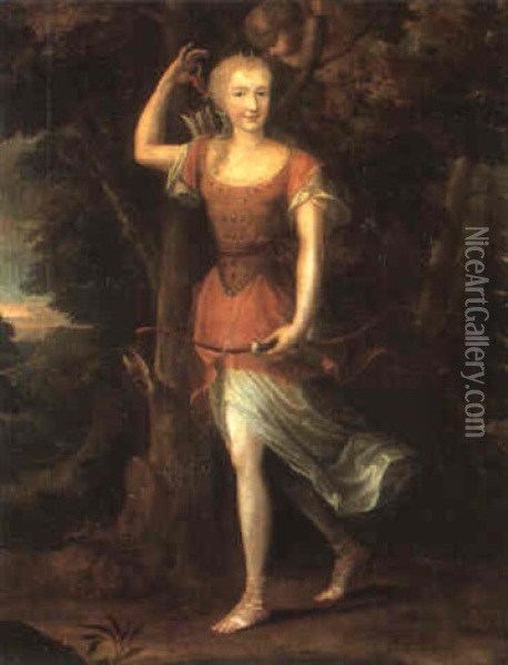 Portrait Of Diane Denise De Boillon (?) As Diana With Cupid Oil Painting - Jean Nocret