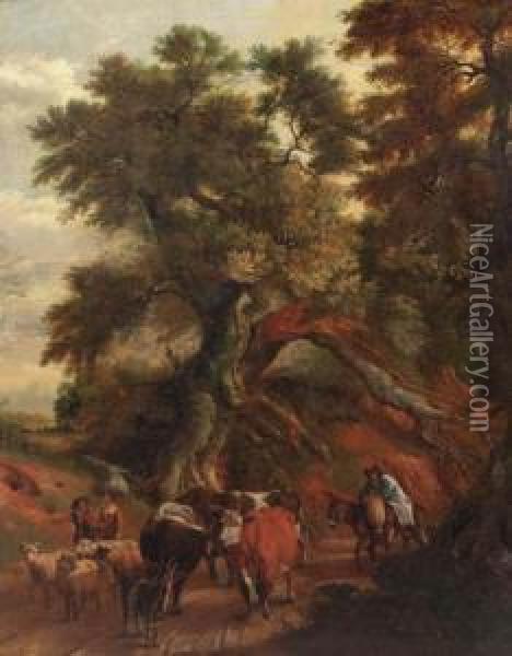 Peasants With Cattle And Flock Returning From Market On A Countryroad Oil Painting - Jan Siberechts