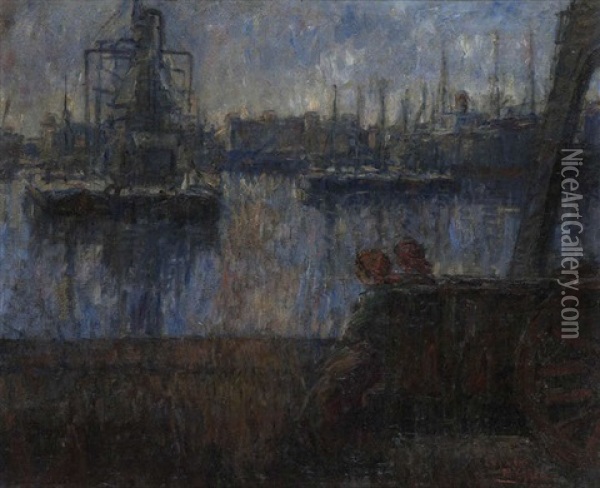 Coucher De Soleil Aux Docks, Environs De L'ecluse Royers Oil Painting - Eugene van Mieghem