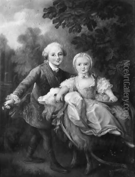 A Portrait Of French Aristocratic Children Beside A Goat Oil Painting - French School