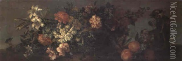 Lilies, Carnations And Other Flowers In A Basket Oil Painting - Jean-Baptiste Monnoyer