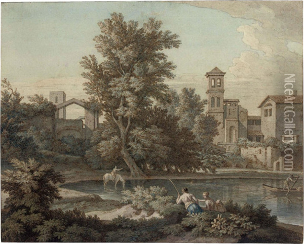 An Italianate Landscape With A Rider Watering His Horse Oil Painting - Isaac de Moucheron