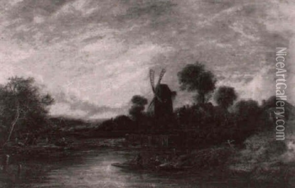 A Country River Landscape, With Figures In A Punt In The    Foreground, A Windmill Beyond Oil Painting - Joseph Paul