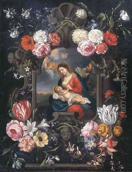 The Virgin and Child in a carved stone cartouche surrounded by flowers Oil Painting - Jan The Elder Brueghel