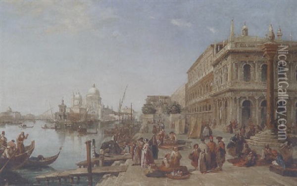 Venice With Elegant Figures On The Molo Oil Painting - Edward Pritchett