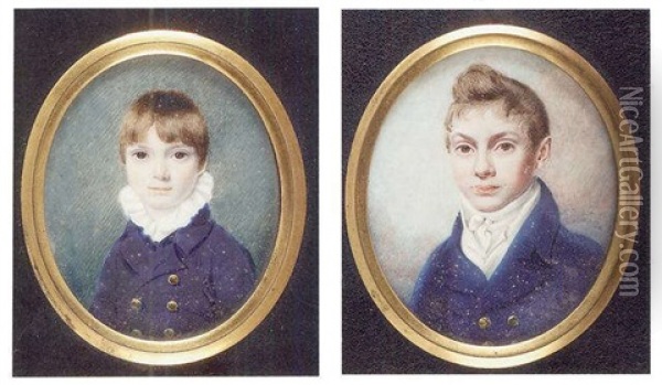 Mr. And Mrs. Anderson And Their Four Young Sons, He In A Blue Coat And Frilled Shirt; She In A Low-cut White Dress With Frilled Collar And A Turban In Her Curling Hair Oil Painting - Isaac Ware Slater