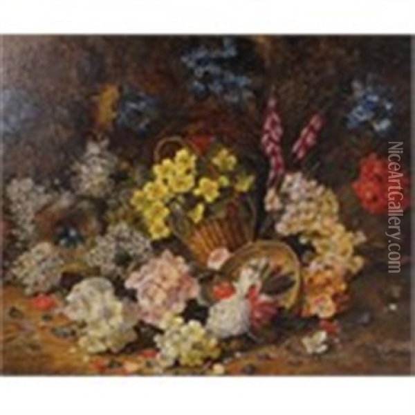 Still Life With Flowers And Bird's Nest Oil Painting - Horace Mann Livens