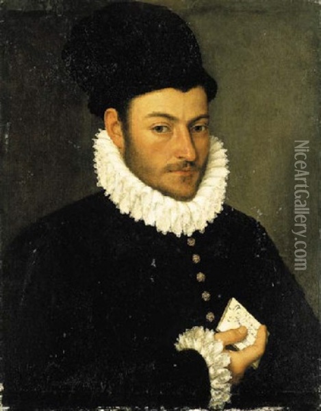 Portrait Of A Gentleman In A Black Hat And A Black Jacket With A White Lace Collar And Cuffs, Holding A Letter Oil Painting - Giovanni Battista Moroni