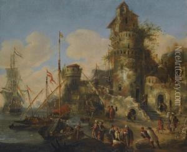 A Mediterranean Harbour Capriccio Oil Painting - Willem van de, the Elder Velde