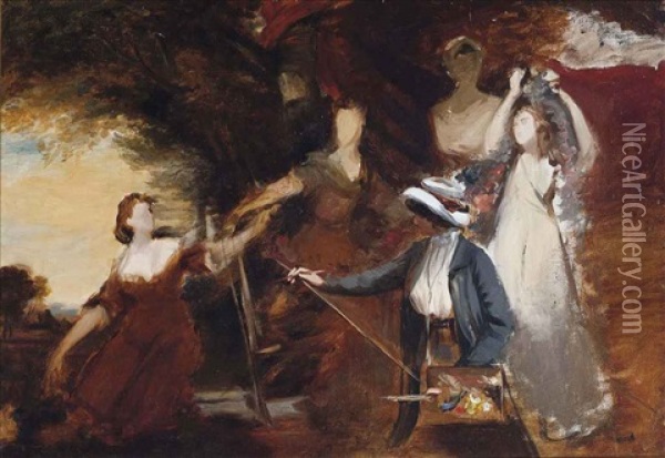 The Artist's Wife Painting, In Front Of Three Ladies Adorning A Term Of Hymen By Sir Joshua Reynolds Oil Painting - Adolf Pirsch