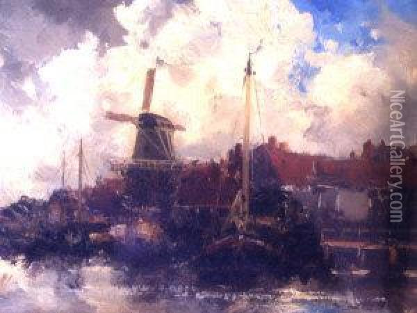 A Delft Town Oil Painting - Hermanus Jr. Koekkoek