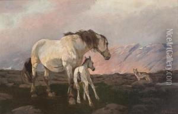 Mare With Foal And A Wolf In The Mountains Oil Painting - Elisabeth Sinding