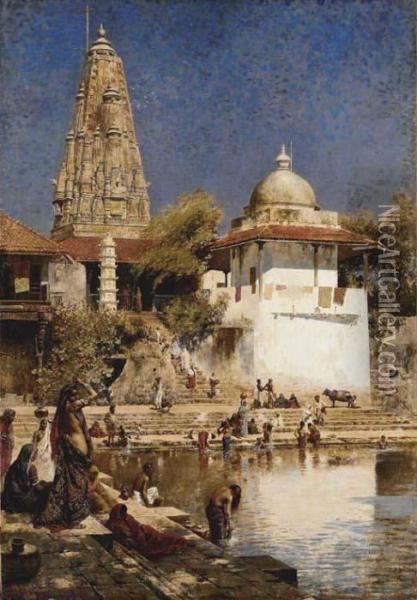 The Temple And Tank Of Walkeschwar At Bombay Oil Painting - Edwin Lord Weeks