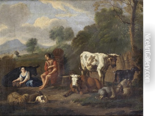 Drovers Resting With Their Flocks In An Italianate Landscape Oil Painting - Isaac Vogelsang