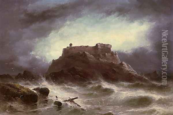 Rough weather. The Grande Rocque, Cobo Bay, Guernsey Oil Painting - S.L. Kilpack