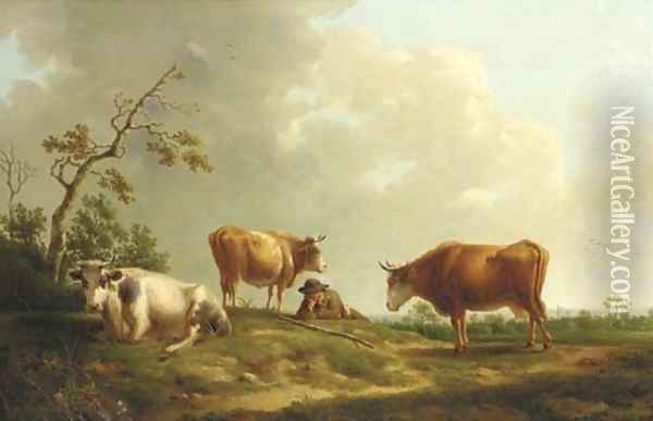 A pastoral landscape with cattle and a herdsman Oil Painting - Hendrik van Anthonissen