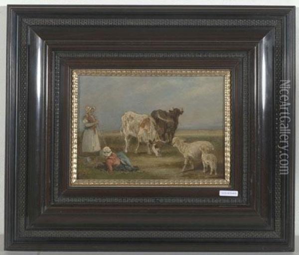 Zwei Hirtinnen Mit Ihrer Herde. Oil Painting - Emile Van Damme-Sylva