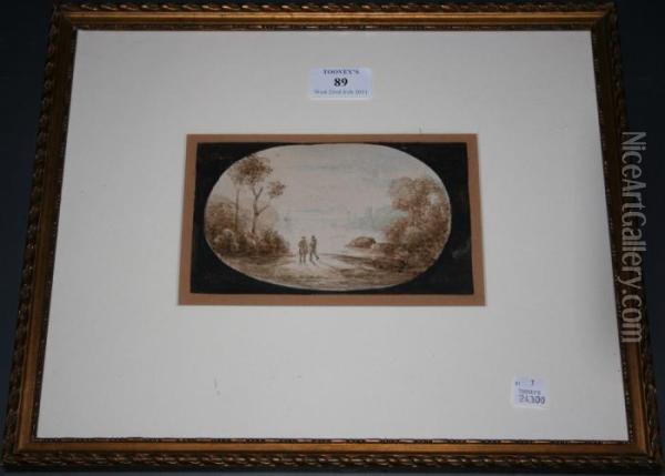 Coastal View With Twofigures Looking Out To A Hazy Sea Within A Feigned Oval Oil Painting - Claude Lorrain (Gellee)
