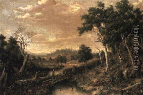 An Australian Landscape With An Aboriginal Hunting Party Oil Painting - Alfred William Eustace