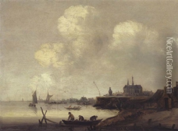 Hollandische Fluslandschaft Mit Booten, Im Hintergrund Eine Stadt Oil Painting - Cornelis Simonsz van der Schalcke