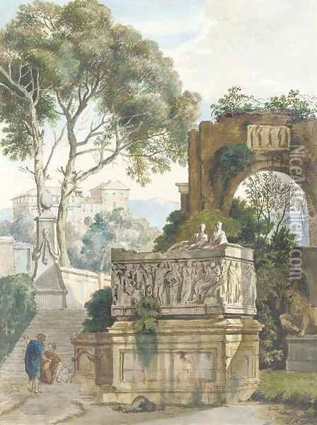 A classical landscape with two women by a Roman sarcophagus Oil Painting - Isaac de Moucheron