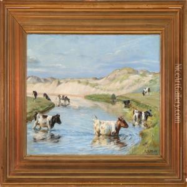 Cows At Liver River Nearhjorring, Denmark Oil Painting - Niels Pedersen Mols