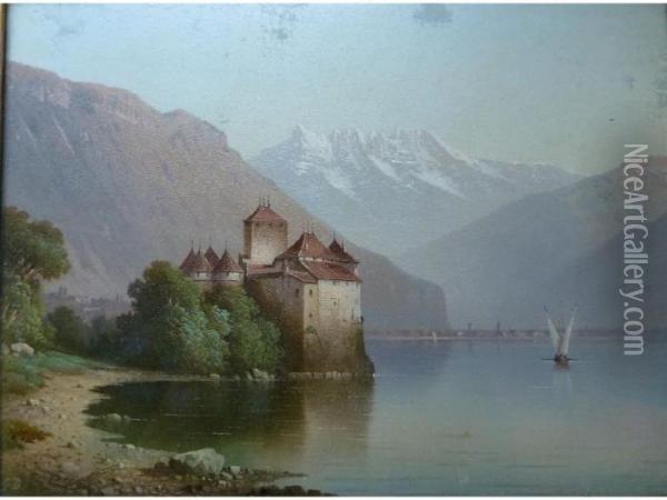 'lake Tergensee With Schloss In The Foreground Oil Painting - Georg Maximilian Johann Von Dillis