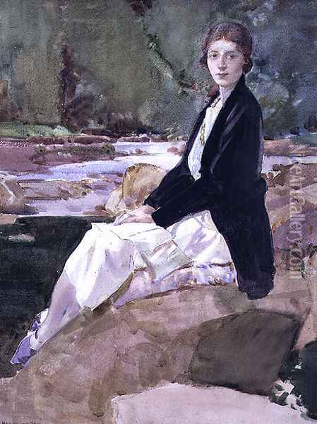 Young woman sitting upon rocks Oil Painting - Harry Watson