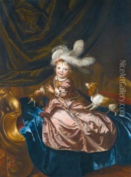 Portrait Of A Boy, Full Length, In Pink Silk Playing With Two Puppies Oil Painting - Jakob van Loo