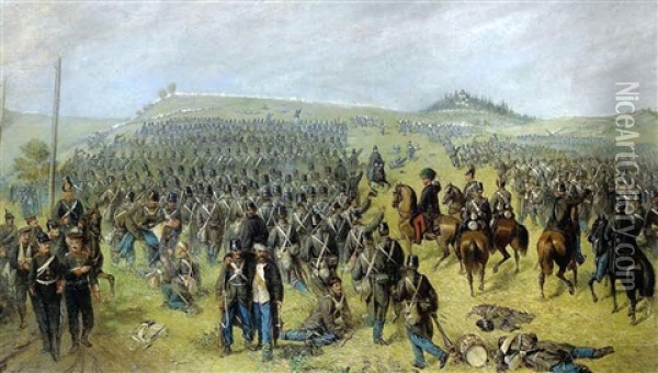 Der Sturm Der Osterreicher Auf Den Kapellenberg In Dem Gefecht Bei Trautenau Am 27. Juni 1866 Oil Painting - Adolf Zrdazila