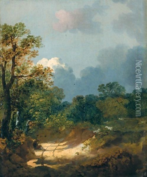 Wooded Landscape With Shepherd Resting By A Sunlit Track And Scattered Sheep Oil Painting - Thomas Gainsborough